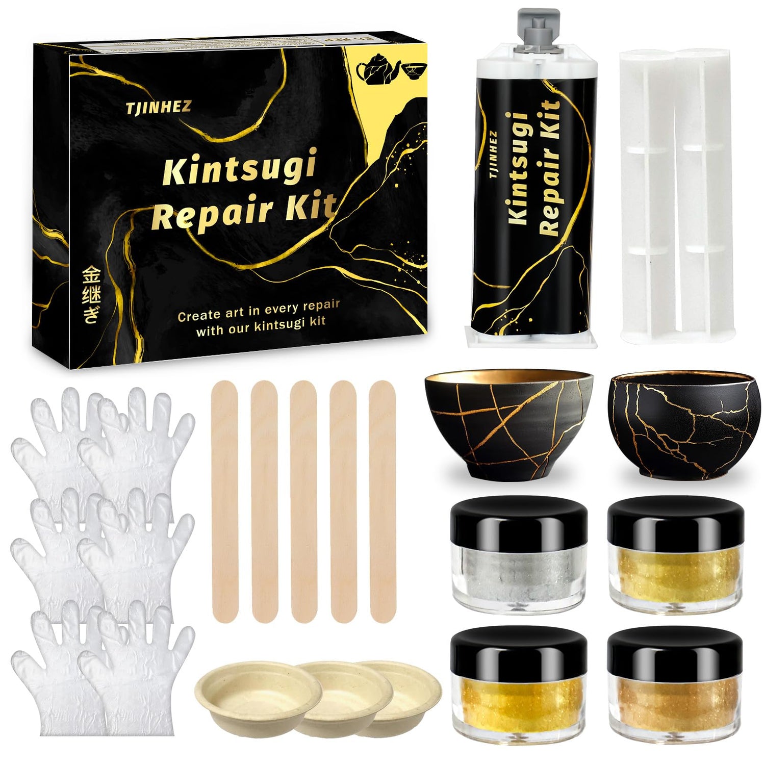 Kintsugi Repair Kit, Food Safe Gold & Silver Kintsugi Kit for Broken Ceramics, Glass, Jade and Sculptures, Japanese Art Craft with Gold Glue for Ceramics and Porcelain Repair Restoration TJINHEZ