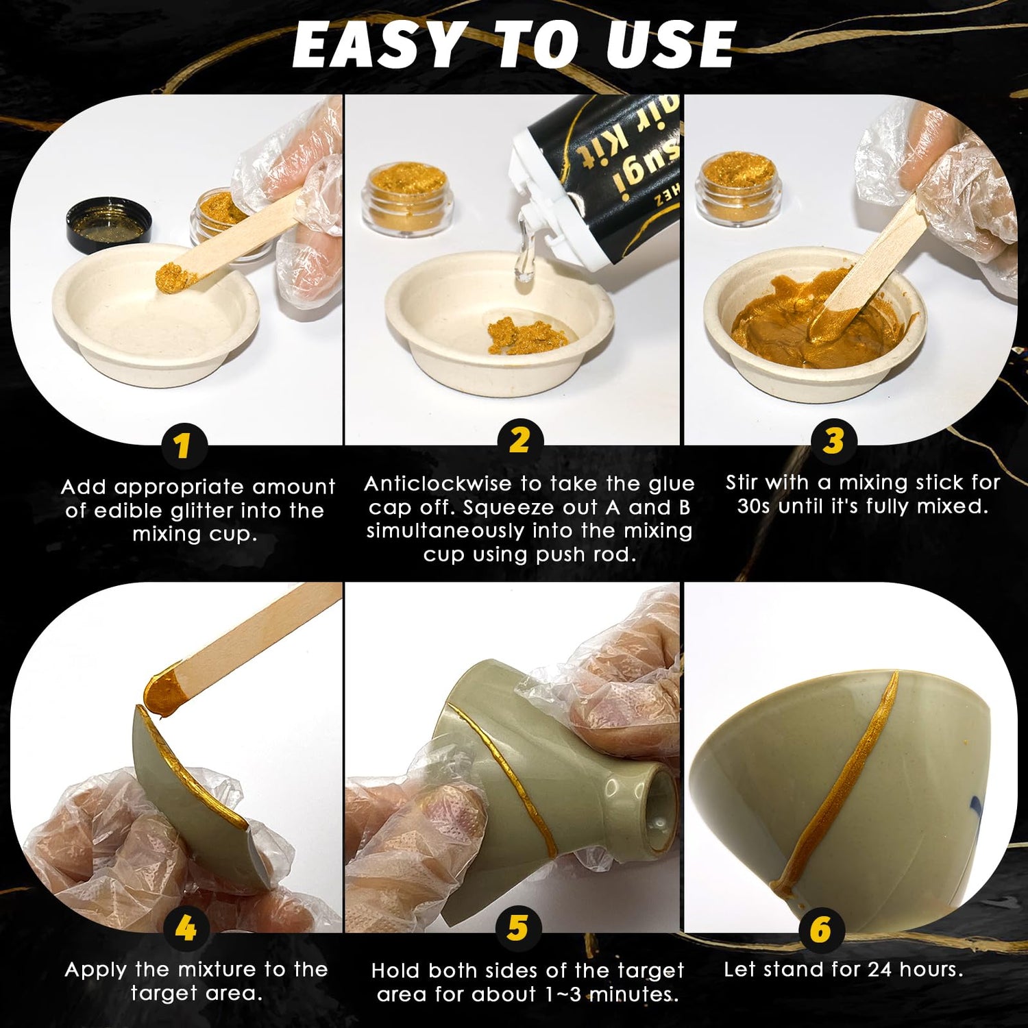 Kintsugi Repair Kit, Food Safe Gold & Silver Kintsugi Kit for Broken Ceramics, Glass, Jade and Sculptures, Japanese Art Craft with Gold Glue for Ceramics and Porcelain Repair Restoration TJINHEZ