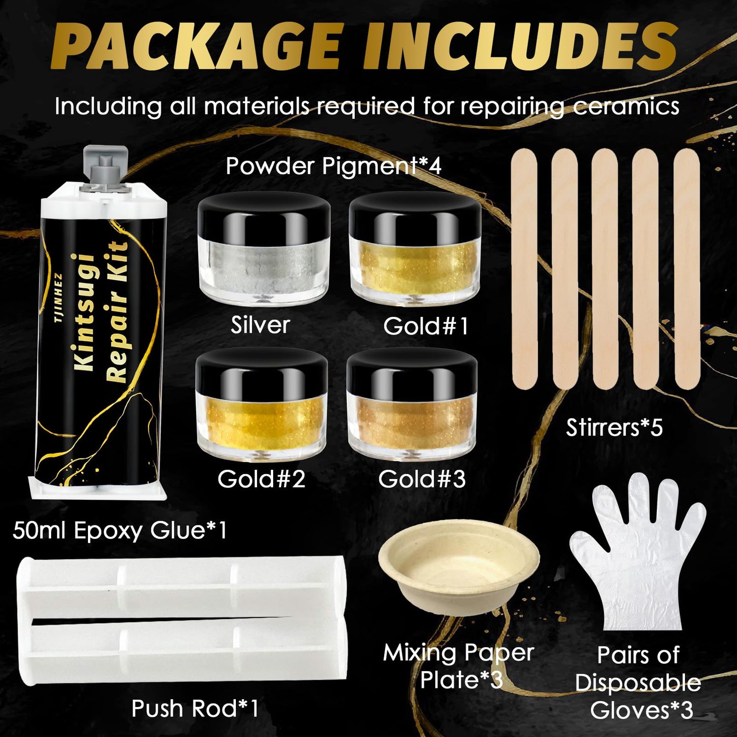 Kintsugi Repair Kit, Food Safe Gold & Silver Kintsugi Kit for Broken Ceramics, Glass, Jade and Sculptures, Japanese Art Craft with Gold Glue for Ceramics and Porcelain Repair Restoration TJINHEZ
