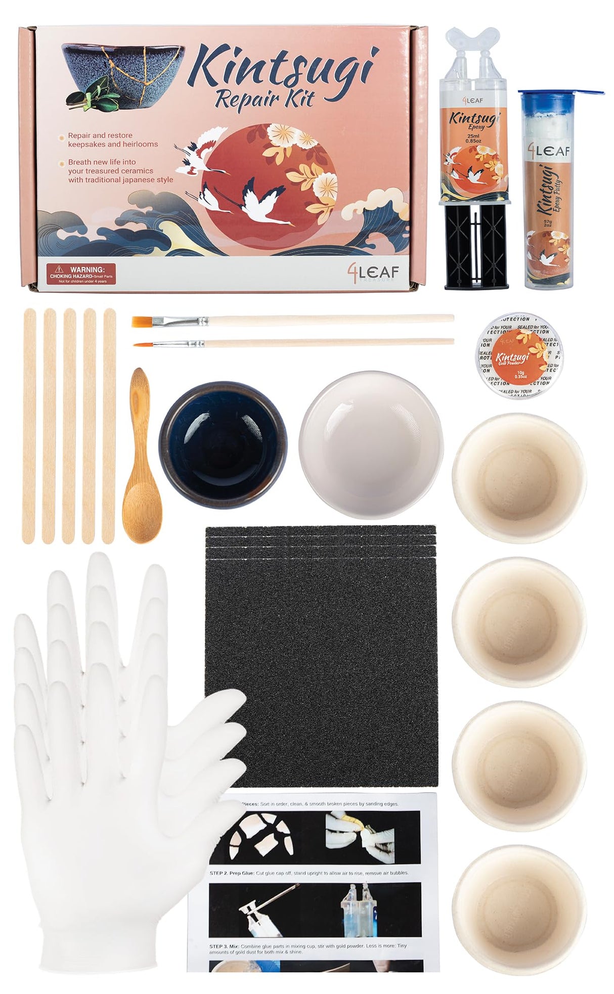 Kintsugi Repair Kit for Ceramics, Kintsugi Japanese Pottery Repair Kit w/Practice Bowls, Gold Powder, Pottery Repair Epoxy Glue, Crafts for All Skill Levels, Restore Meaningful Broken Porcelain Items 4LEAF TREASURE