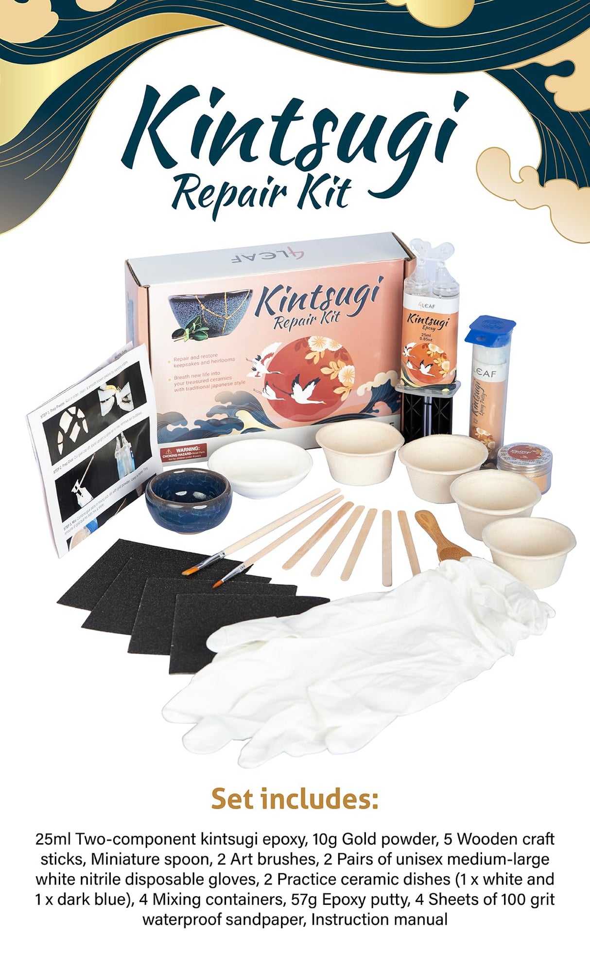 Kintsugi Repair Kit for Ceramics, Kintsugi Japanese Pottery Repair Kit w/Practice Bowls, Gold Powder, Pottery Repair Epoxy Glue, Crafts for All Skill Levels, Restore Meaningful Broken Porcelain Items 4LEAF TREASURE