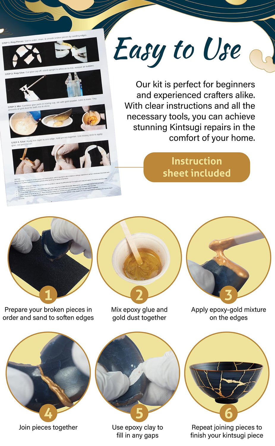 Kintsugi Repair Kit for Ceramics, Kintsugi Japanese Pottery Repair Kit w/Practice Bowls, Gold Powder, Pottery Repair Epoxy Glue, Crafts for All Skill Levels, Restore Meaningful Broken Porcelain Items 4LEAF TREASURE
