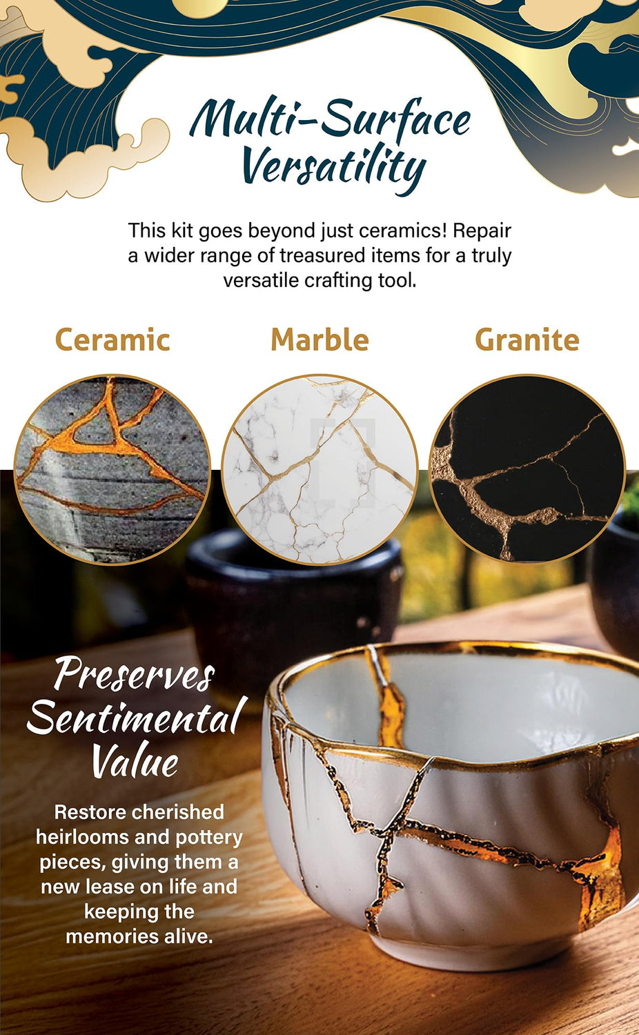 Kintsugi Repair Kit for Ceramics, Kintsugi Japanese Pottery Repair Kit w/Practice Bowls, Gold Powder, Pottery Repair Epoxy Glue, Crafts for All Skill Levels, Restore Meaningful Broken Porcelain Items 4LEAF TREASURE