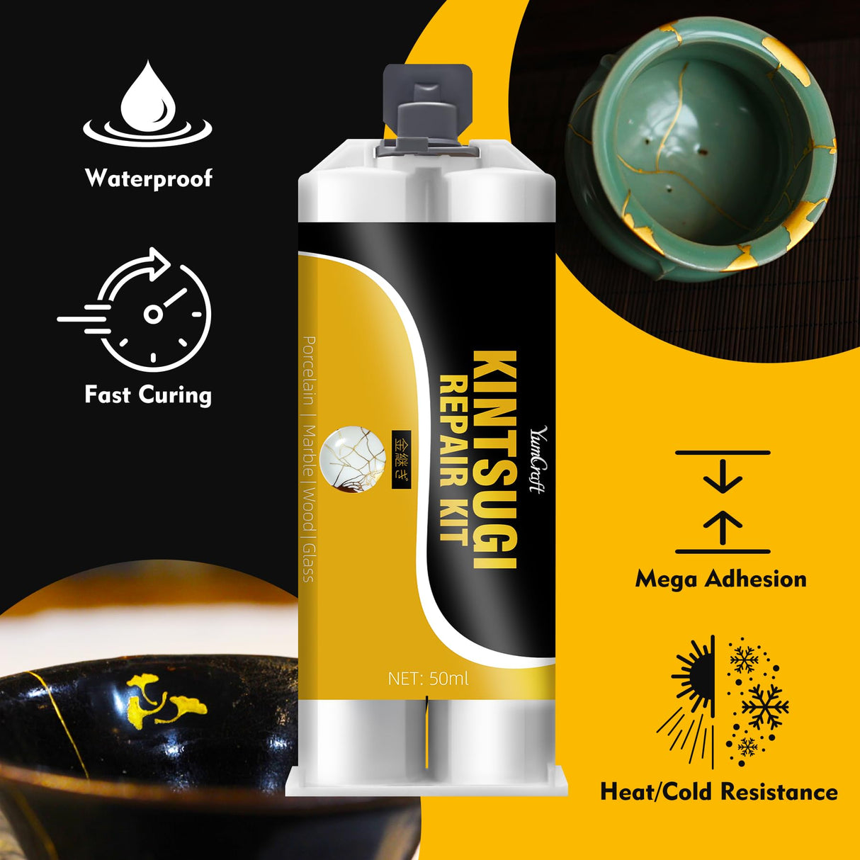 Kintsugi Repair Kit Gold & Silver, 50ml Kintsugi Glue for Broken Ceramics, Bowls, Cups, Porcelain, Glass, Food Safe Pottery Repair Kit for Repair Meaningful Gifts, Jade, Sculpture, Vase, Mug YumCraft
