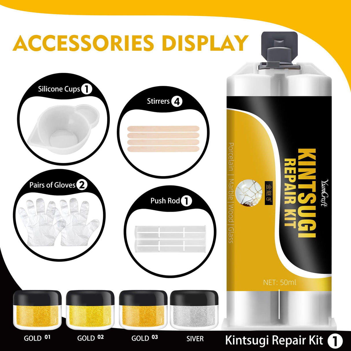 Kintsugi Repair Kit Gold & Silver, 50ml Kintsugi Glue for Broken Ceramics, Bowls, Cups, Porcelain, Glass, Food Safe Pottery Repair Kit for Repair Meaningful Gifts, Jade, Sculpture, Vase, Mug YumCraft