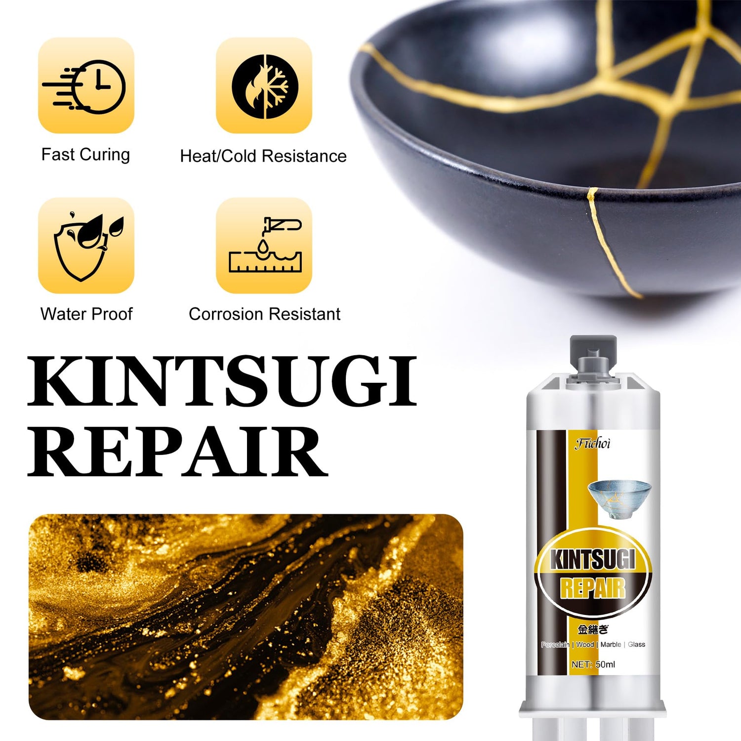 Kintsugi Repair Kit Gold & Silver - Food Safe Ceramic Glue for Broken Pottery, Porcelain, Bowls, Glass | Japanese Kintsugi Glue Perfect for Beginners Restoring Meaningful Gifts, 50ml Fuchoi