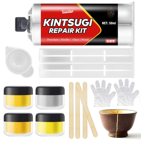 Kintsugi Repair kit Gold & Silver, Food Safe Ceramic Glue for Repairing Bowls, Cups, Saucers, Vases, Pottery Repair Kit Perfect for Beginners Restoring Meaningful Gifts and Art Craft, 50ml Vividye