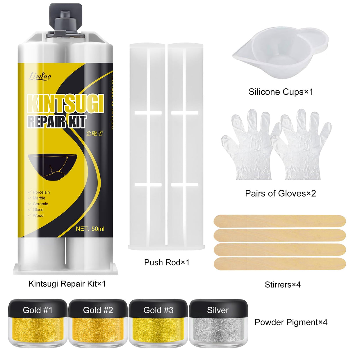 Kintsugi Repair Kit - Gold & Silver Food Safe Fast Repair Kintsugi Glue for Pottery and Porcelain, 50ml Ceramic Repair Resin for Bowls, Plates, Vases, Jade, Meaningful Presents for DIY Art Enthusiasts Limino