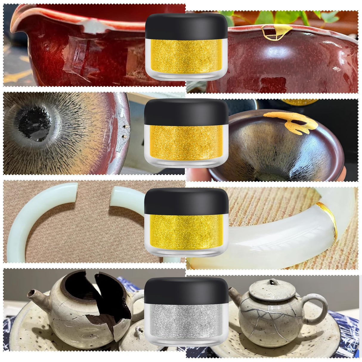 Kintsugi Repair Kit - Gold & Silver Food Safe Fast Repair Kintsugi Glue for Pottery and Porcelain, 50ml Ceramic Repair Resin for Bowls, Plates, Vases, Jade, Meaningful Presents for DIY Art Enthusiasts Limino