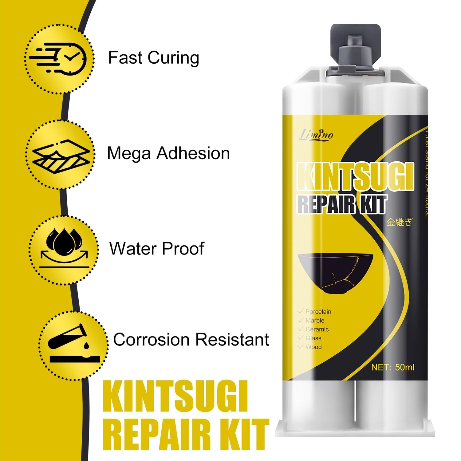 Kintsugi Repair Kit - Gold & Silver Food Safe Fast Repair Kintsugi Glue for Pottery and Porcelain, 50ml Ceramic Repair Resin for Bowls, Plates, Vases, Jade, Meaningful Presents for DIY Art Enthusiasts Limino