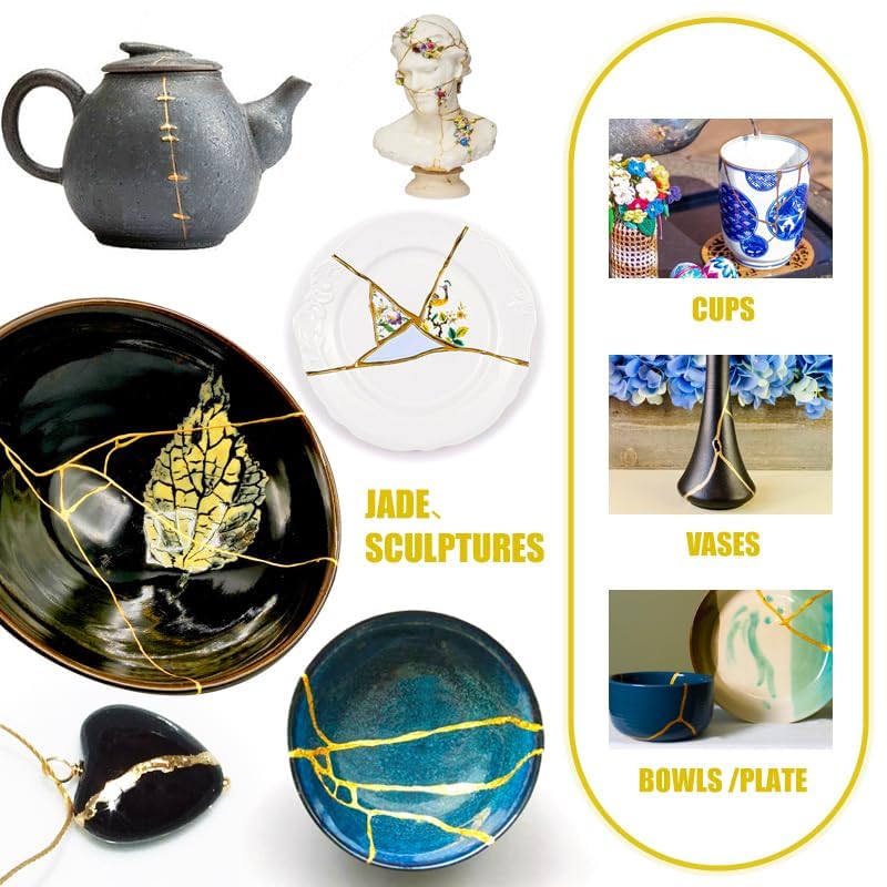 Kintsugi Repair Kit - Gold & Silver Food Safe Fast Repair Kintsugi Glue for Pottery and Porcelain, 50ml Ceramic Repair Resin for Bowls, Plates, Vases, Jade, Meaningful Presents for DIY Art Enthusiasts Limino