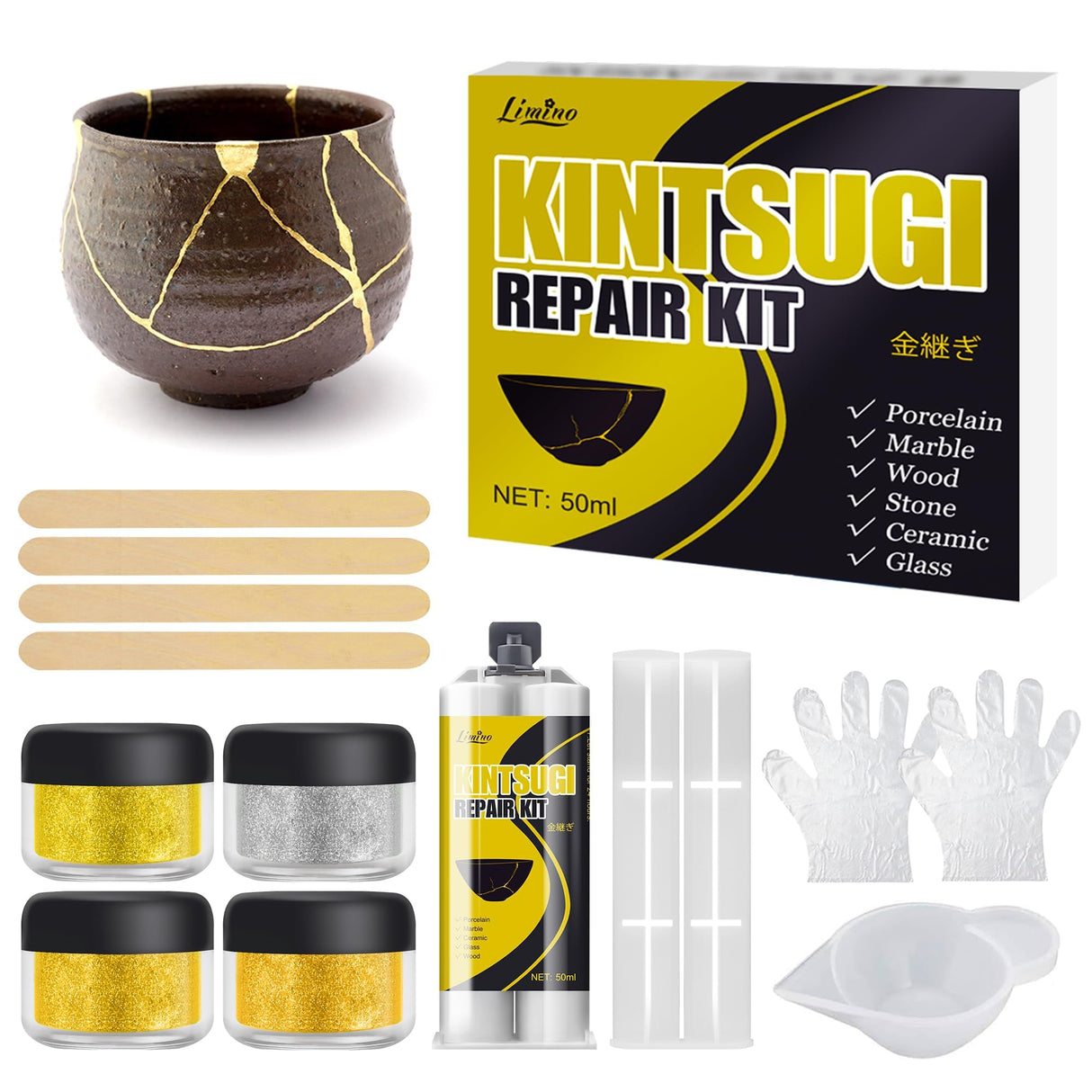 Kintsugi Repair Kit - Gold & Silver Food Safe Fast Repair Kintsugi Glue for Pottery and Porcelain, 50ml Ceramic Repair Resin for Bowls, Plates, Vases, Jade, Meaningful Presents for DIY Art Enthusiasts Limino