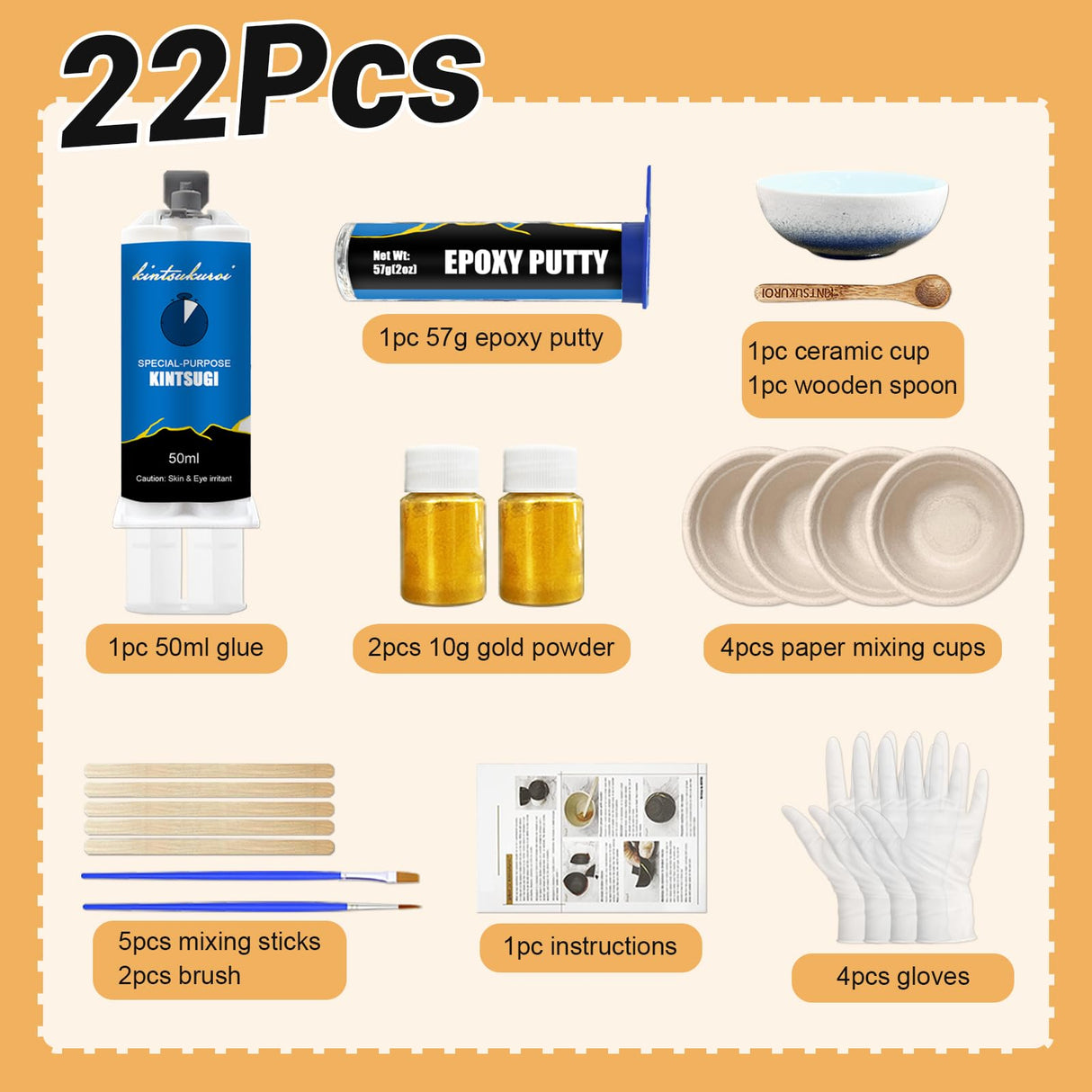 Kintsugi Repair Kit Gold, Japanese Gold Repair Kit with Practice Cup, Gold Glue for Ceramics and Porcelain Repair, Beginner Repair Broken Ceramics Kintsugi Kit, Handmade Gifts 1DFAUL