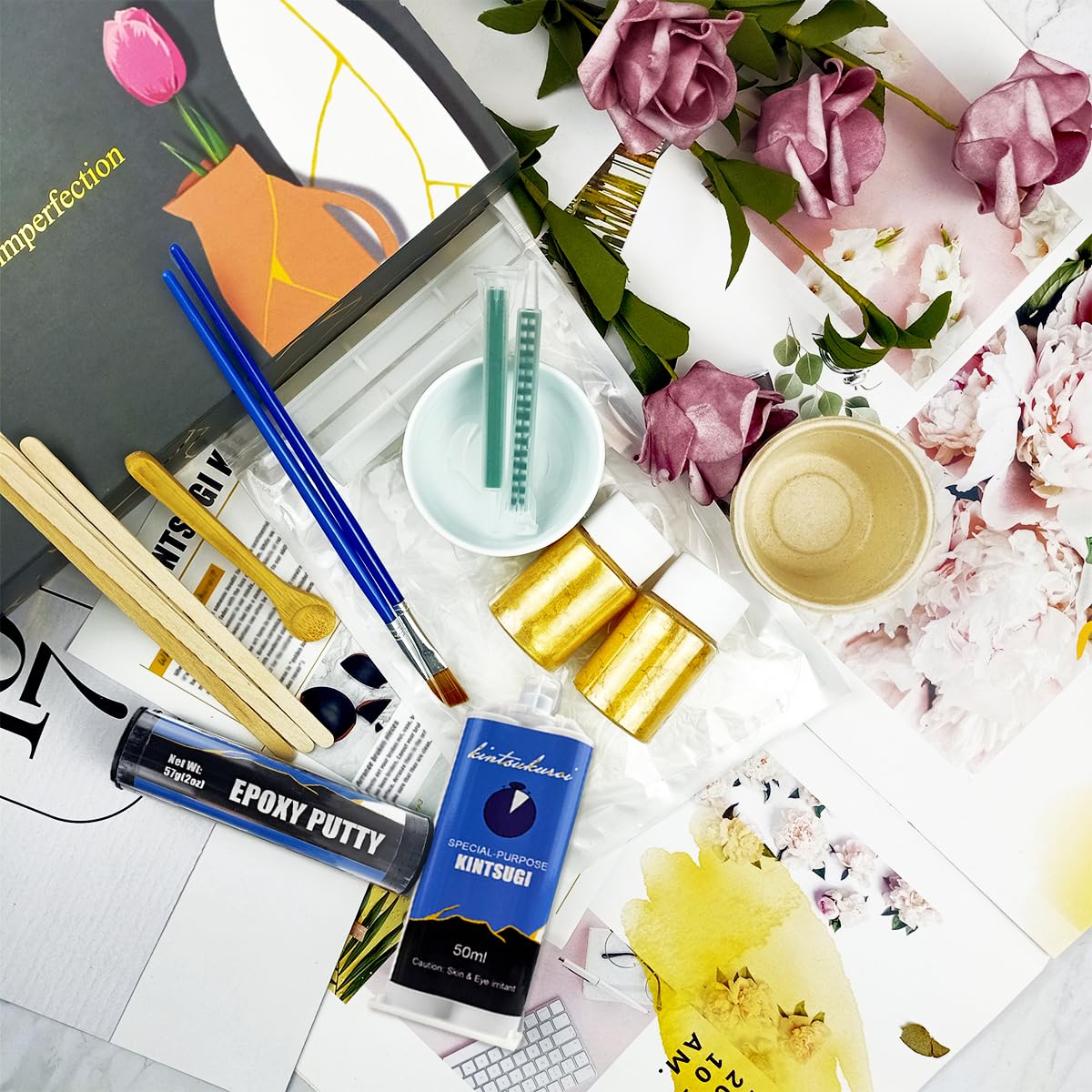 Kintsugi Repair Kit Gold, Japanese Gold Repair Kit with Practice Cup, Gold Glue for Ceramics and Porcelain Repair, Beginner Repair Broken Ceramics Kintsugi Kit, Handmade Gifts 1DFAUL