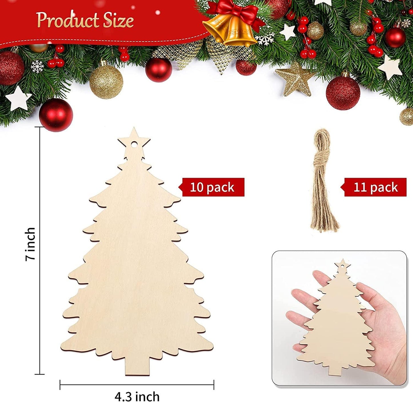 Large Size 7" Wooden Christmas Ornaments to Paint, DIY Blank Unfinished Wood for Crafts Hanging - WoodArtSupply