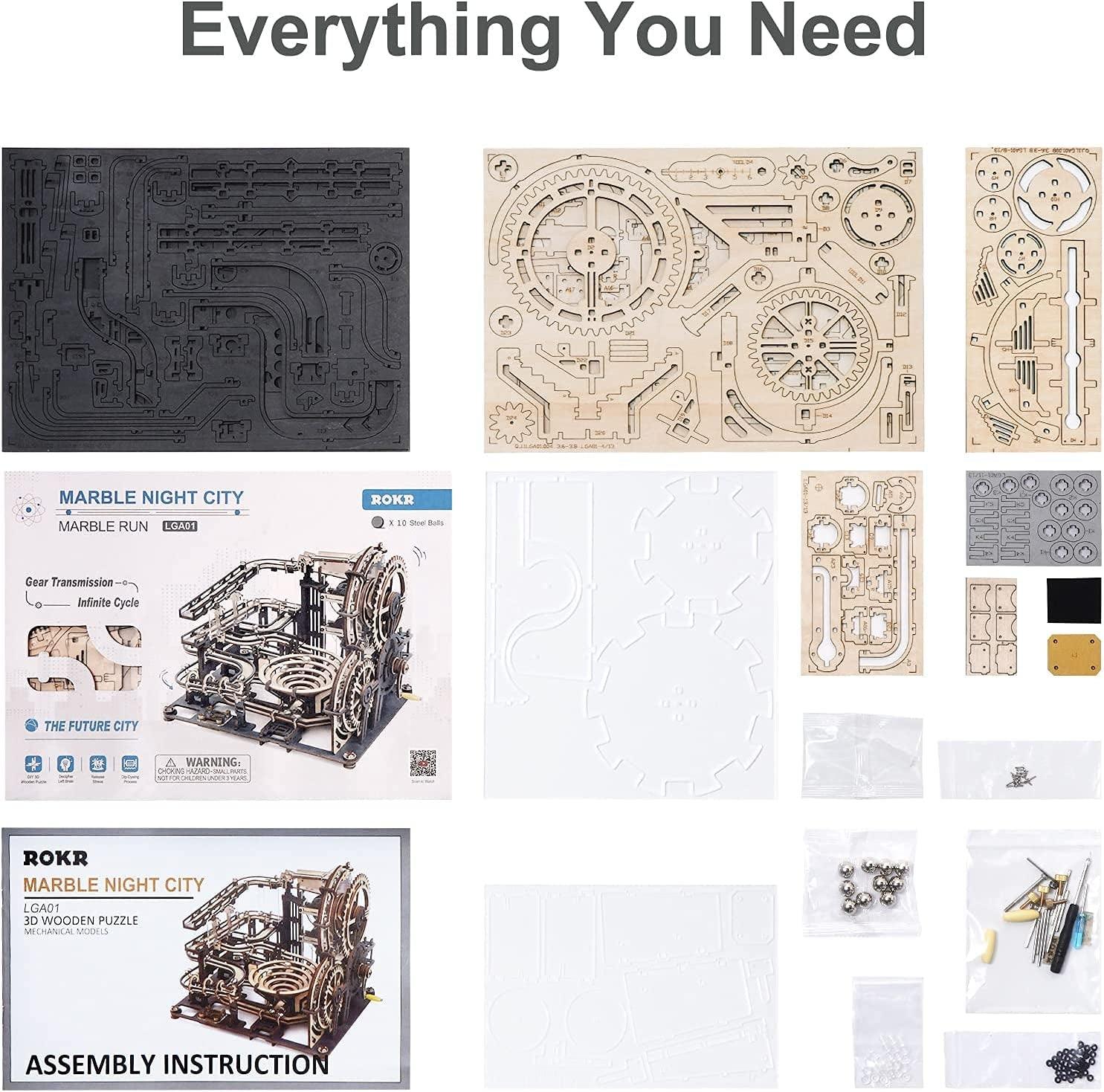 Marble Night City 3D Wooden Puzzle Kit - Challenging Mechanical Marble Run for Adults WoodArtSupply