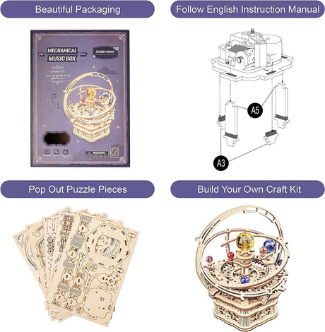 Starry Night 3D Wooden Music Box Puzzle for Adults - DIY Mechanical Craft Model WoodArtSupply