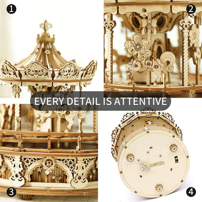 Music Box 3D Puzzles for Adults, Mechanical DIY Wooden Toys, Romantic Carousel - WoodArtSupply