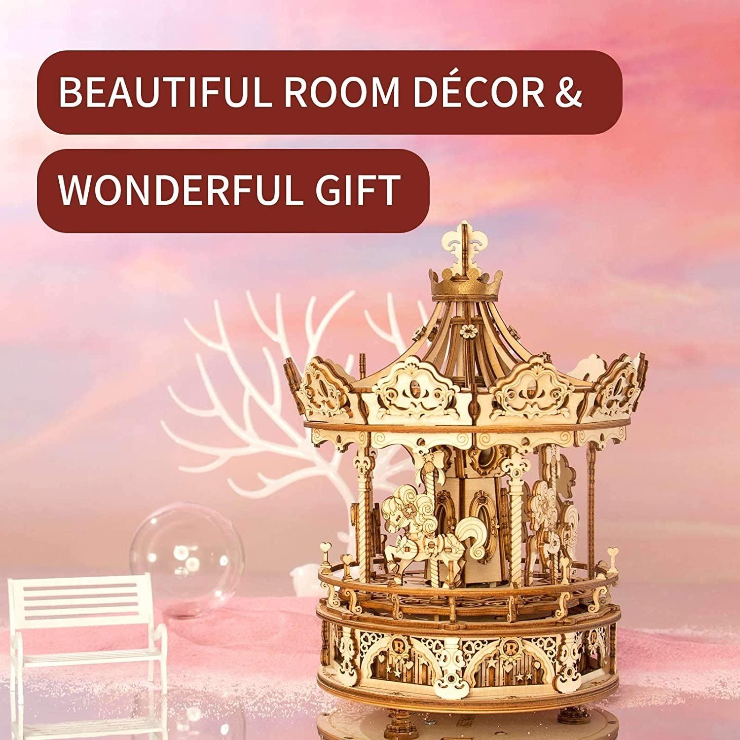 Music Box 3D Puzzles for Adults, Mechanical DIY Wooden Toys, Romantic Carousel - WoodArtSupply
