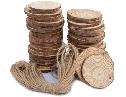 Natural Wood Slices 50 Pcs 2.4"-2.8" Craft Wood Kit Unfinished Predrilled with Hole Wooden Circles - WoodArtSupply