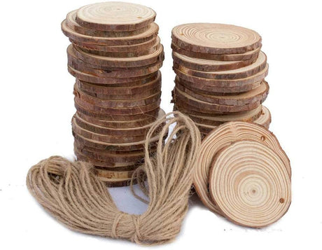 Natural Wood Slices 50 Pcs 2.4"-2.8" Craft Wood Kit Unfinished Predrilled with Hole Wooden Circles WoodArtSupply