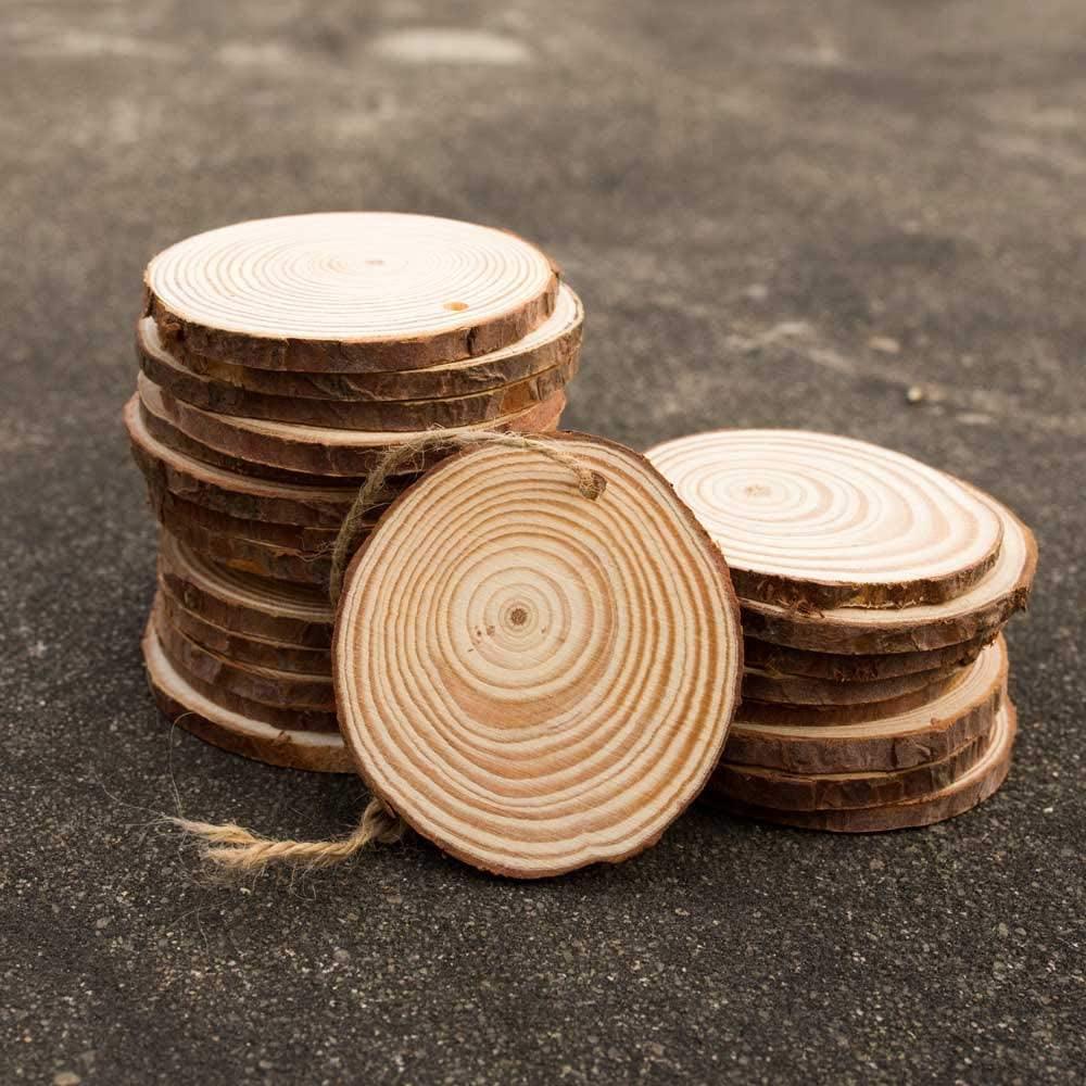 Natural Wood Slices 50 Pcs 2.4"-2.8" Craft Wood Kit Unfinished Predrilled with Hole Wooden Circles - WoodArtSupply