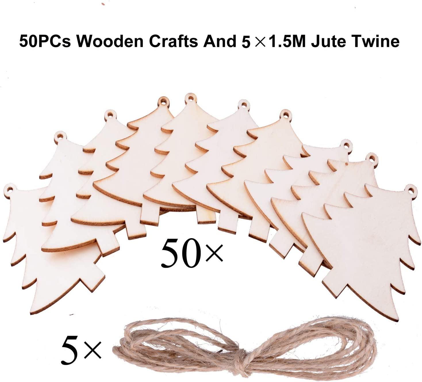 Pack of 50 Wooden Crafts to Paint Christmas Tree Hanging Ornaments Unfinished Wood Cutouts Decoration DIY Crafts WoodArtSupply