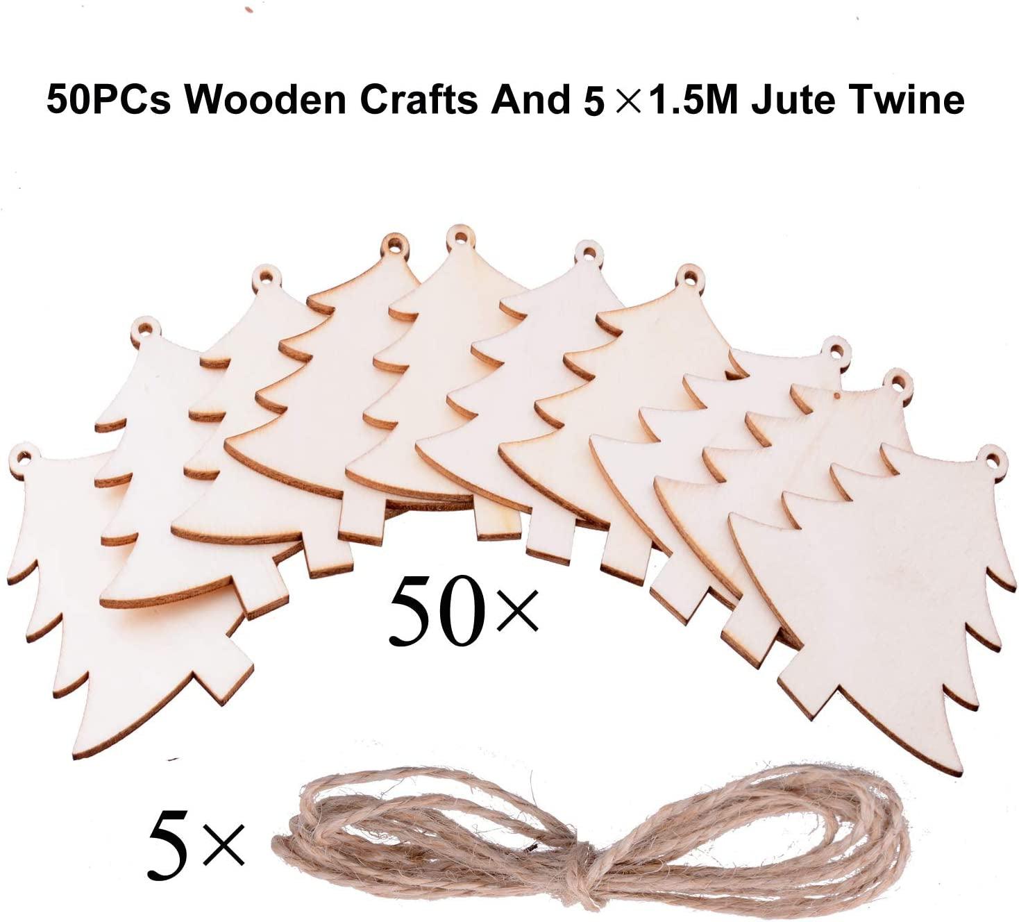 Pack of 50 Wooden Crafts to Paint Christmas Tree Hanging Ornaments Unfinished Wood Cutouts Decoration DIY Crafts - WoodArtSupply