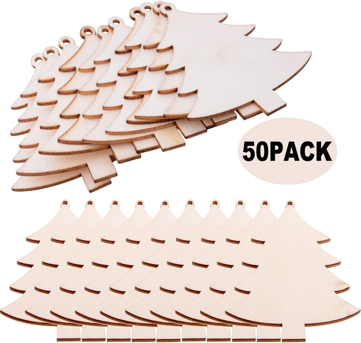 Pack of 50 Wooden Crafts to Paint Christmas Tree Hanging Ornaments Unfinished Wood Cutouts Decoration DIY Crafts WoodArtSupply