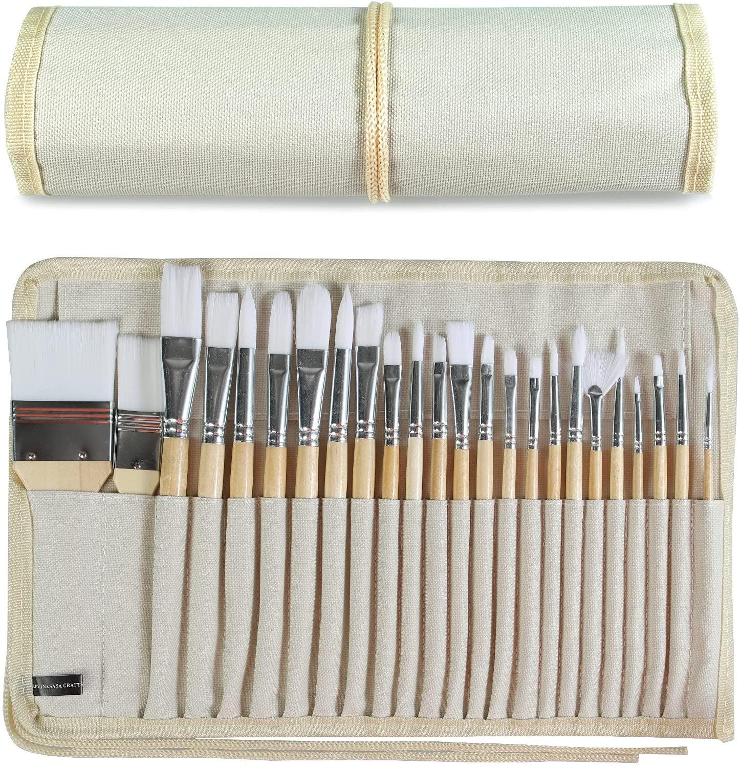 Paint Brushes Set of 24 Pieces Wooden Handles with Canvas Brush Case, Professional for Oil, Acrylic Watercolor WoodArtSupply