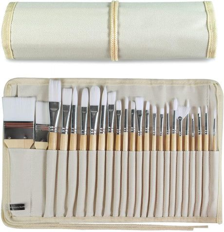 Paint Brushes Set of 24 Pieces Wooden Handles with Canvas Brush Case, Professional for Oil, Acrylic Watercolor WoodArtSupply