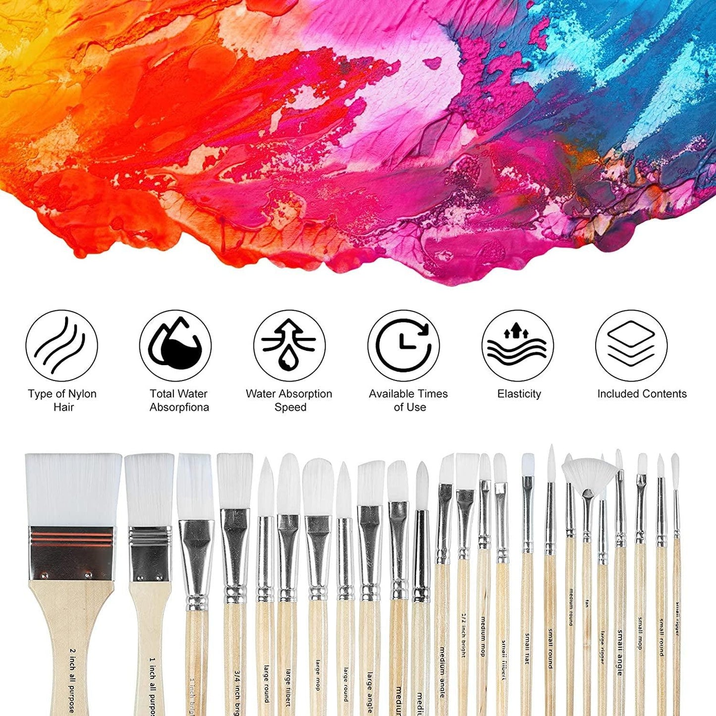 Paint Brushes Set of 24 Pieces Wooden Handles with Canvas Brush Case, Professional for Oil, Acrylic Watercolor - WoodArtSupply