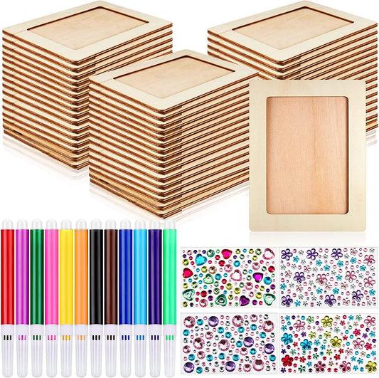 Picture Frame Painting Craft Kit Wooden DIY Photo Frame with 12 Pieces Painting Color Pen 4 Sheets Crystal Diamond Stickers - WoodArtSupply