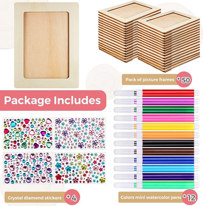 Picture Frame Painting Craft Kit Wooden DIY Photo Frame with 12 Pieces Painting Color Pen 4 Sheets Crystal Diamond Stickers - WoodArtSupply