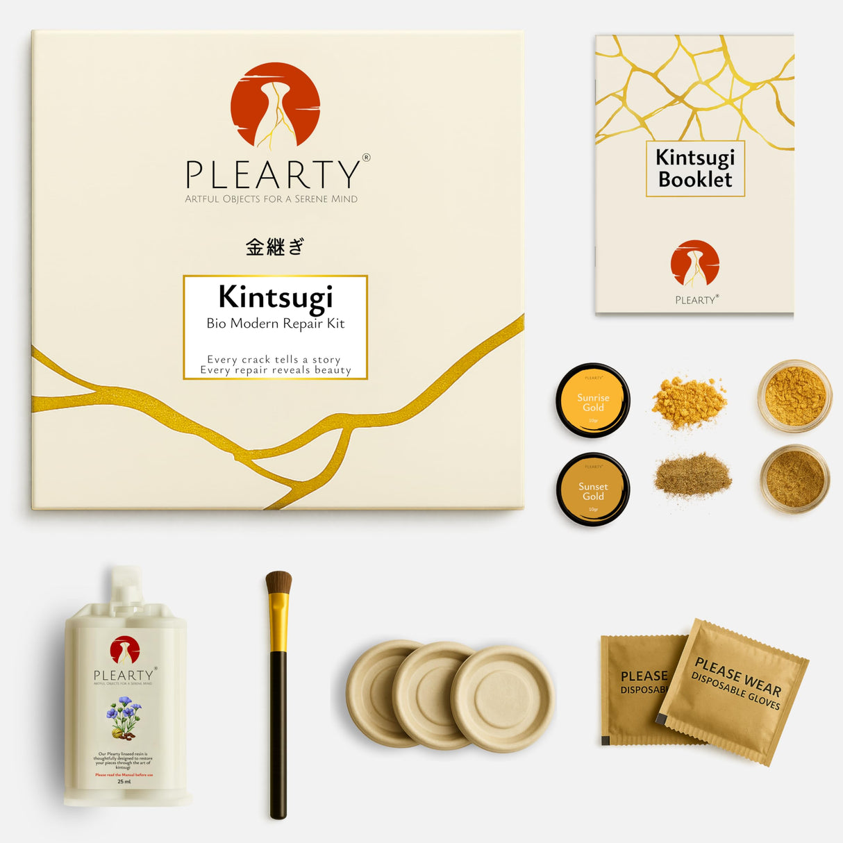 PLEARTY Kintsugi Repair Kit Food-Safe Linseed Resin Dishwasher-Proof 20g Metallic Gold Mica Powder Detailed Booklet Modern Kintsugi kit for Beginners Japanese Art Gold Repair Kit Plearty
