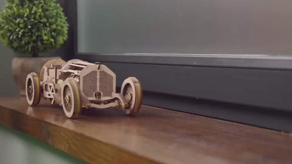 Ugears U-9 Grand Prix Car Wooden Model (DIY Building Kit) Hand-Crank Powered Vehicle w/Working Pistons, Wheels, Shocks | Functional, Authentic Racing
