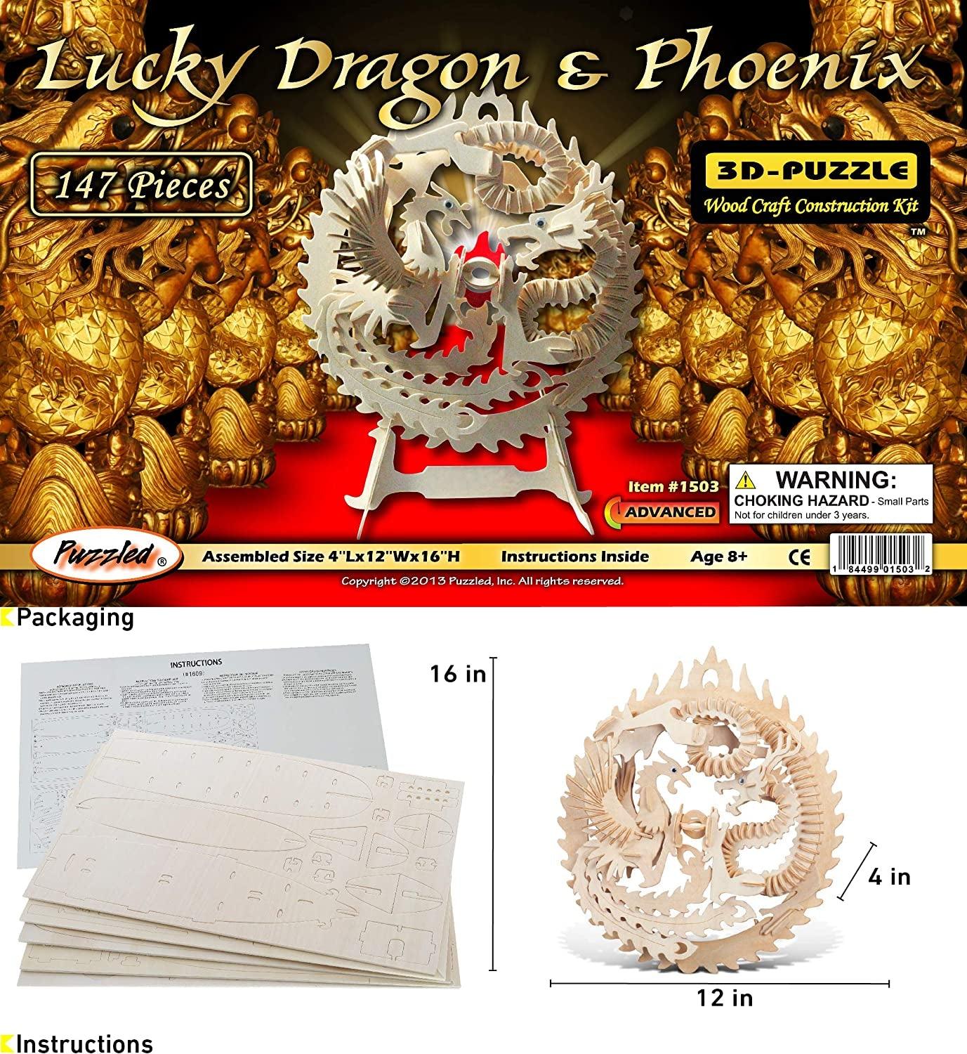 Puzzled 3D Puzzle Lucky Dragon & Phoenix Wood Craft Construction Model Kit - WoodArtSupply