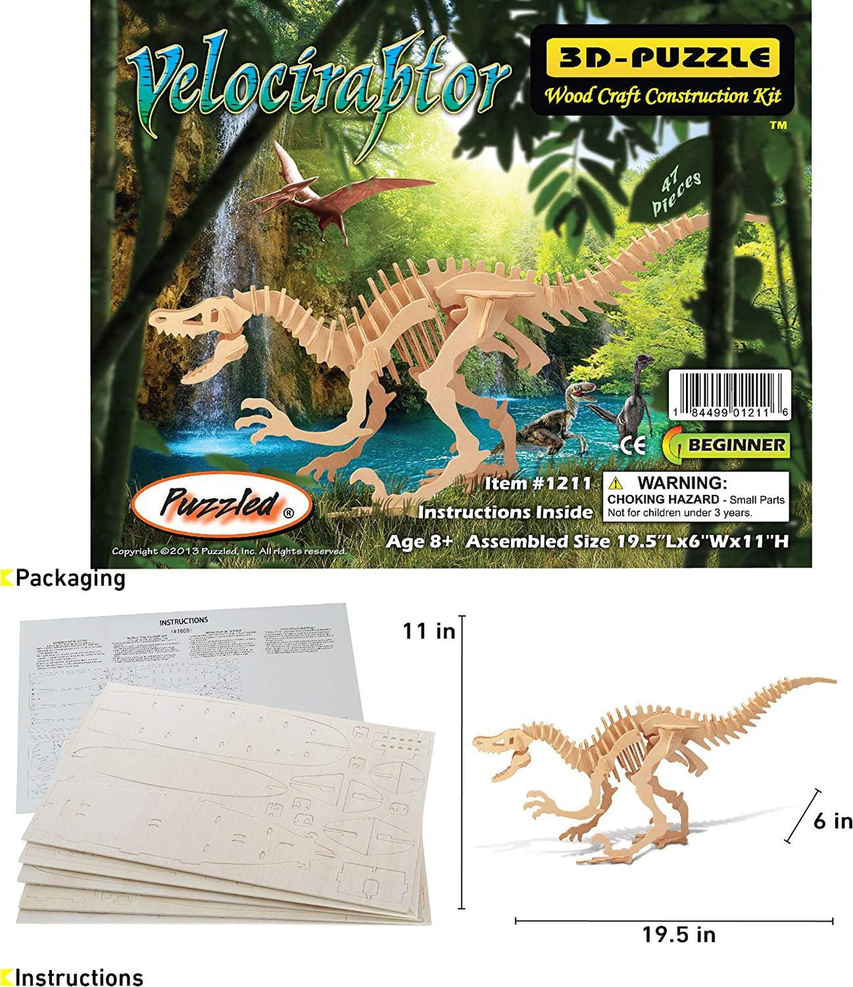 Velociraptor 3D Wooden Puzzle Kit – Engaging Craft Construction for ...