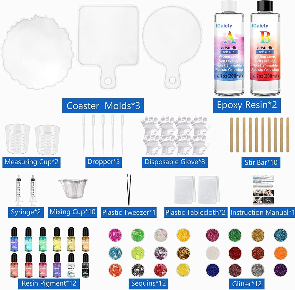 Resin Coaster Molds Silicone Kit Cutting Serving Board Mold with DIY Geode Tray Molds Pigments Tools 82 Pcs WoodArtSupply