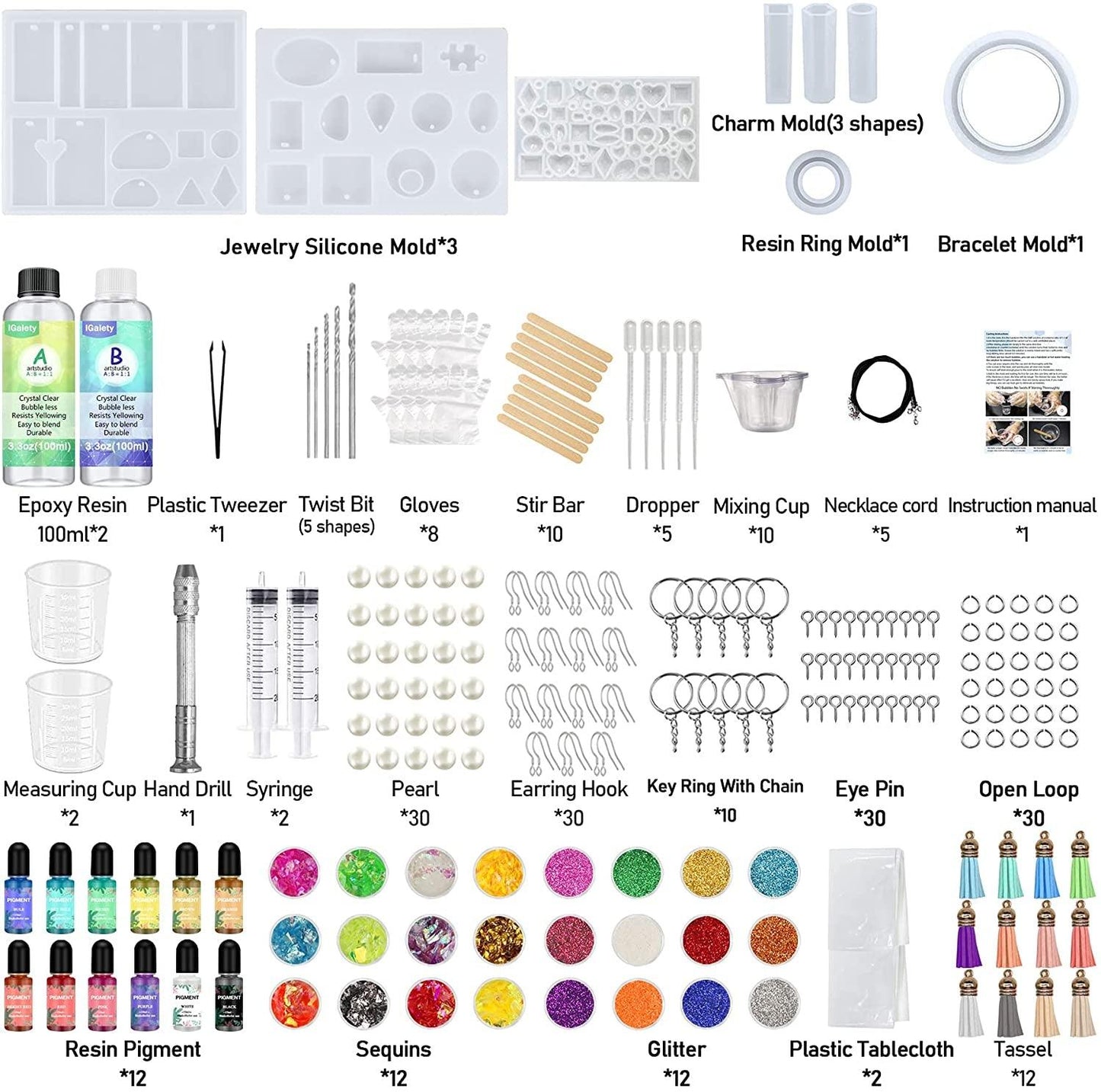 Resin Jewelry Making Kit 240 Pcs Silicone Epoxy Mold Set Keychain Starter Kit Bundle - WoodArtSupply
