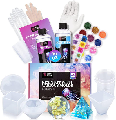Resin Kits and Molds Complete Set, 16OZ Resin Molds Silicone Kit Bundle with Sphere, Pyramid Molds, Glitter and Dried Flowers