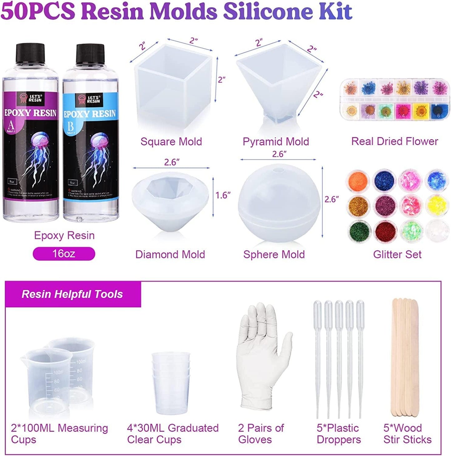 Resin Kits and Molds Complete Set, 16OZ Resin Molds Silicone Kit Bundle with Sphere, Pyramid Molds, Glitter and Dried Flowers - WoodArtSupply