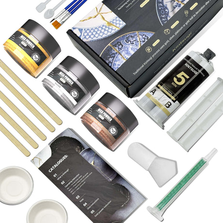 RUIOT Kintsugi Repair Kit for Broken Ceramics - Food-Safe Epoxy Resin & Golden Mica Powder, DIY Japanese Ceramic Glue with 5min Cure Time, Fix Mugs, Vases, Porcelain Dishes (Complete Restoration Kit) Ruiot