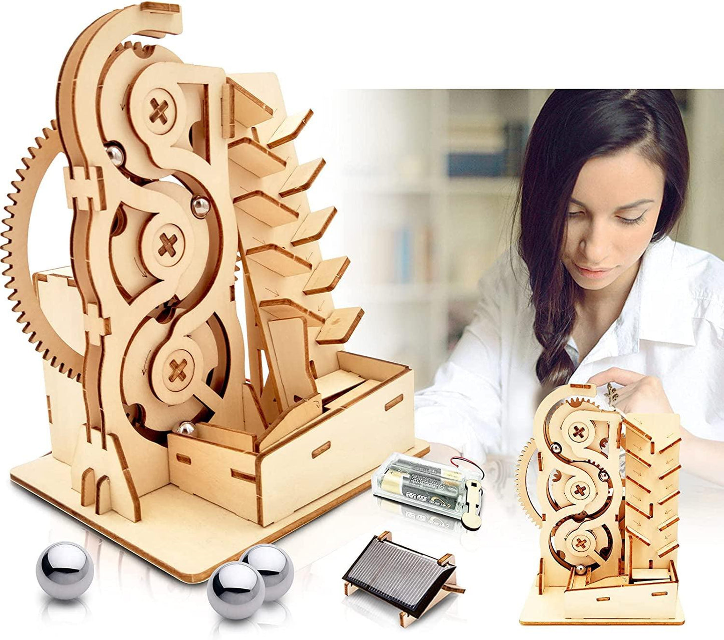 Solar 3D Wooden Puzzle Marble Run DIY Model Kit Craft Sets Educational Wood Mechanical Building Toys STEM Science Experiments - WoodArtSupply