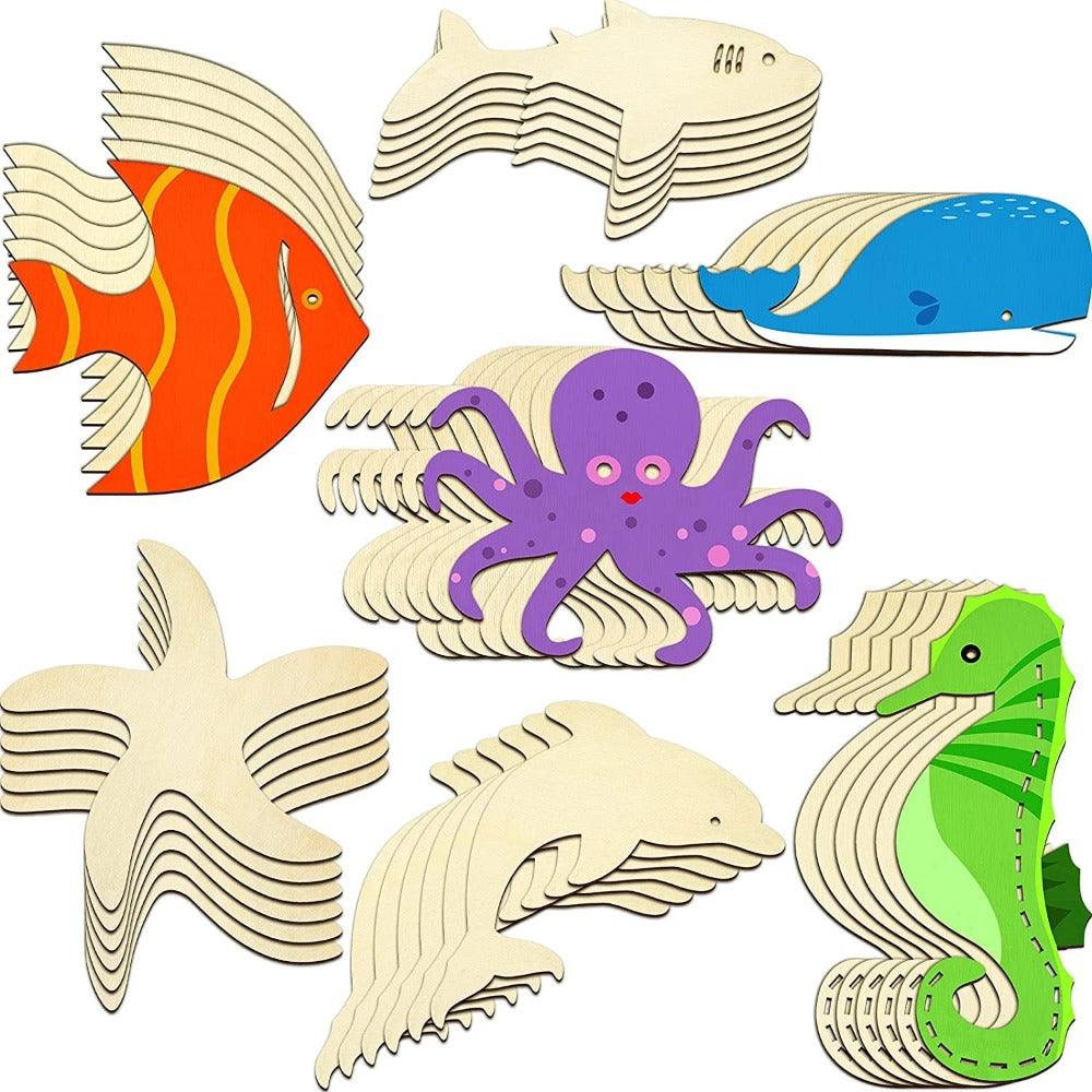 Unfinished Wood Cutouts Ocean Animals Wooden Paint Crafts Home Decor Ornament DIY Octopus, Shark, Whale, Dolphin, Seahorse, Fish Shape (28 Pieces) WoodArtSupply