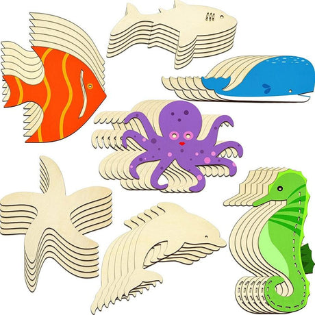 Unfinished Wood Cutouts Ocean Animals Wooden Paint Crafts Home Decor Ornament DIY Octopus, Shark, Whale, Dolphin, Seahorse, Fish Shape (28 Pieces) WoodArtSupply