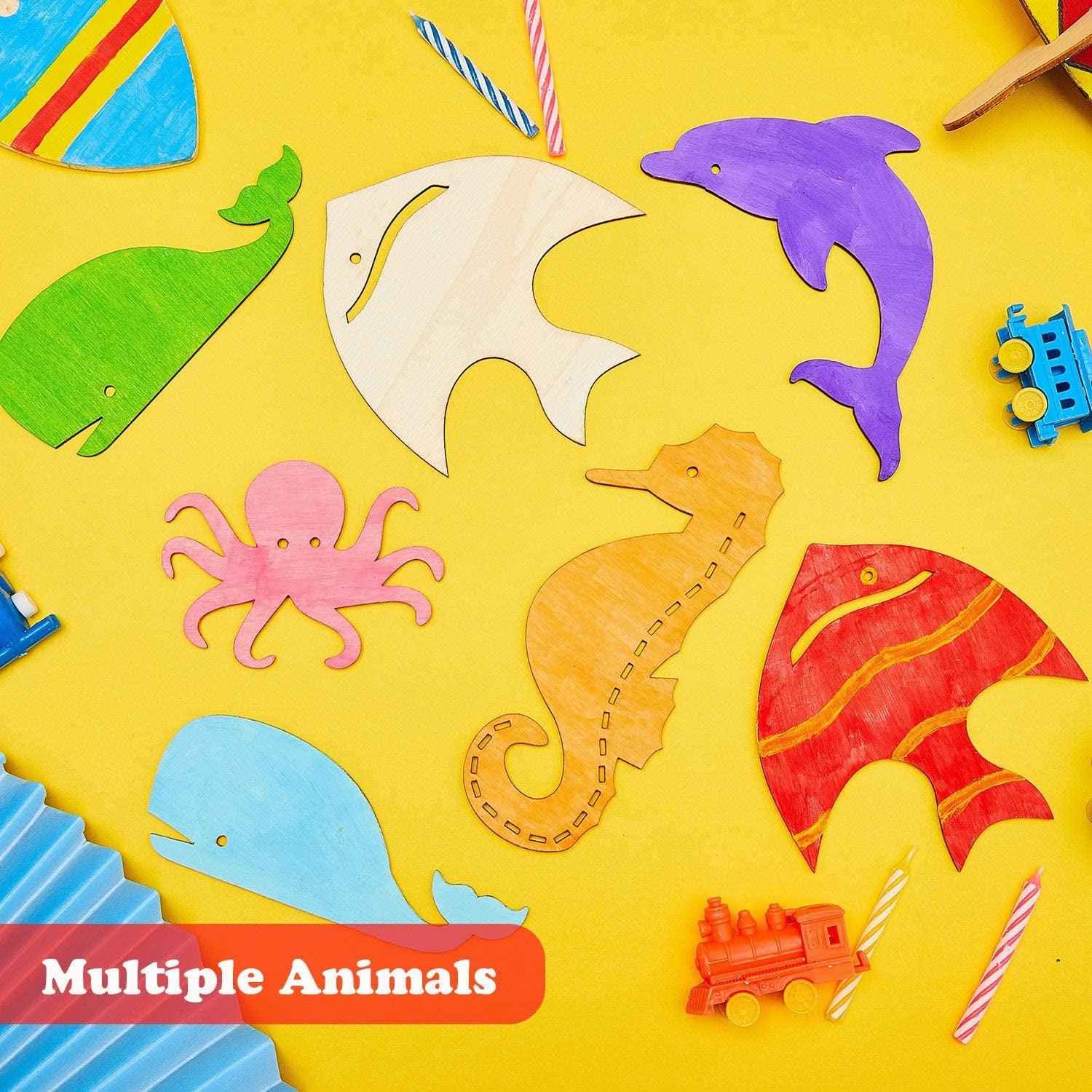 Unfinished Wood Cutouts Ocean Animals Wooden Paint Crafts Home Decor Ornament DIY Octopus, Shark, Whale, Dolphin, Seahorse, Fish Shape (28 Pieces) WoodArtSupply