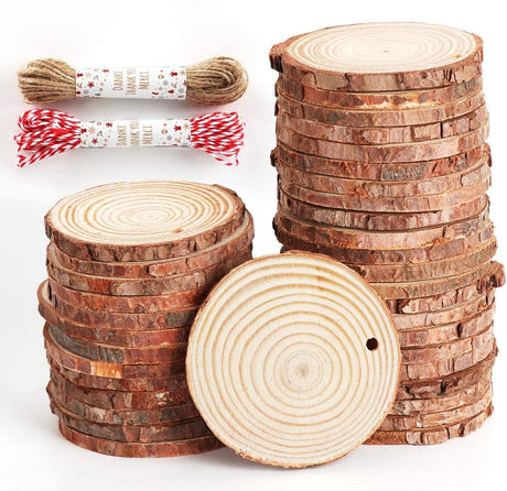 Unfinished Wood Slices 50 Pcs 2.4"-2.8" Natural Rounds with Pre-Drilled Hole and 66 Feet Twine String WoodArtSupply