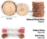 Unfinished Wood Slices 50 Pcs 2.4"-2.8" Natural Rounds with Pre-Drilled Hole and 66 Feet Twine String WoodArtSupply