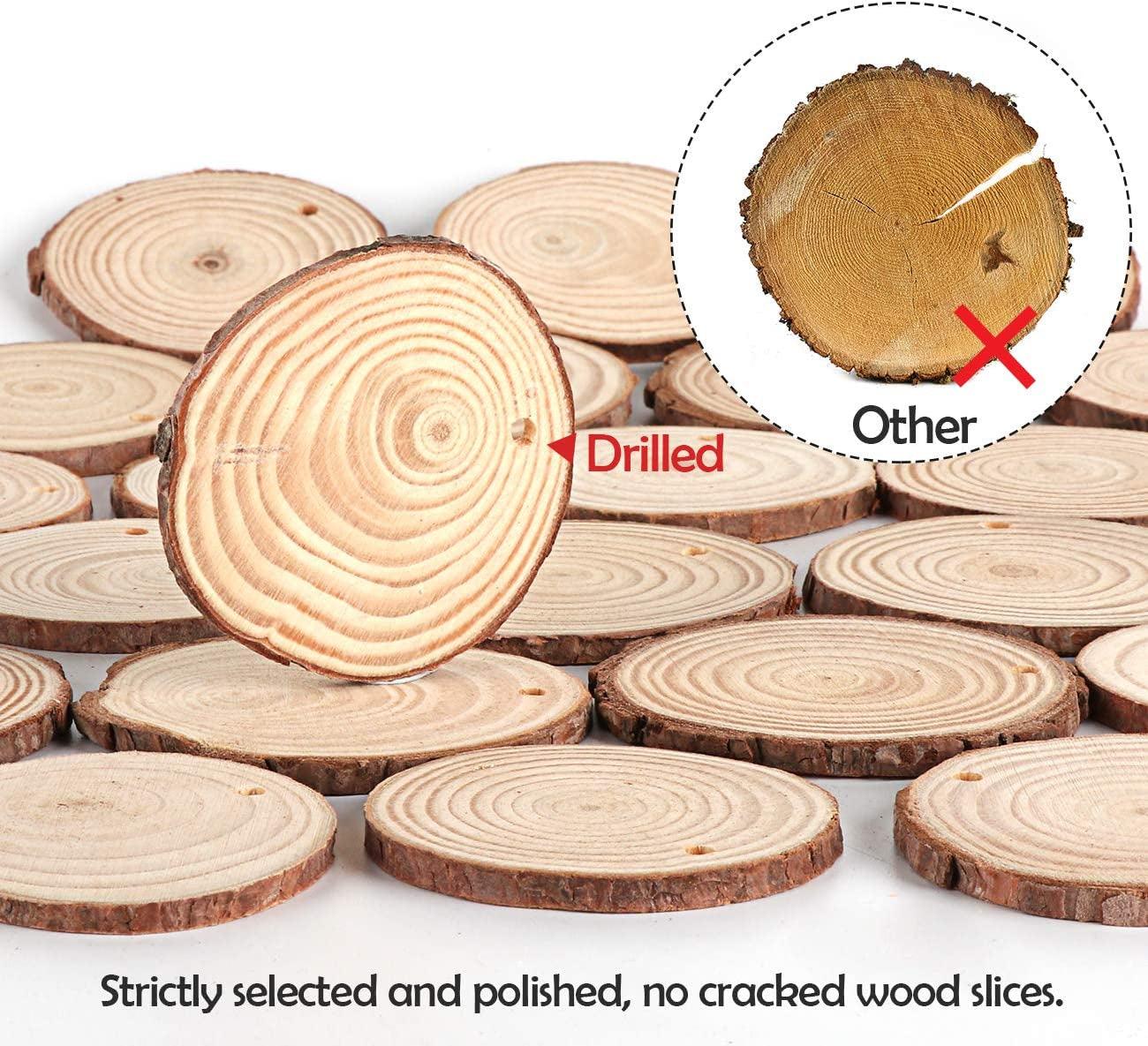 Unfinished Wood Slices 50 Pcs 2.4"-2.8" Natural Rounds with Pre-Drilled Hole and 66 Feet Twine String - WoodArtSupply